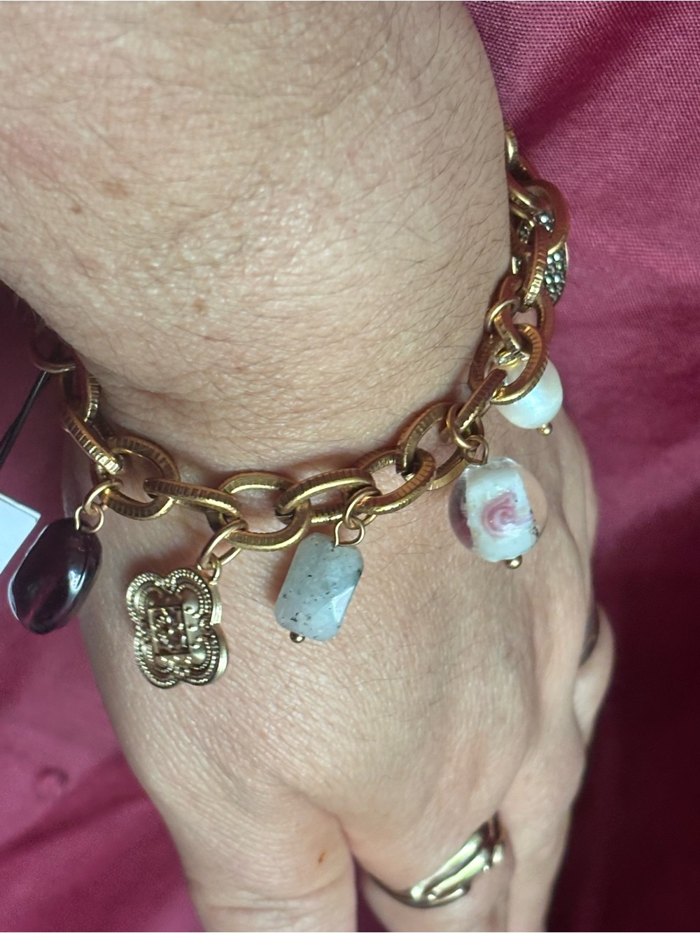 New)Chico's Gold Charm Bracelet with White Pearl and Pink Rose Bead